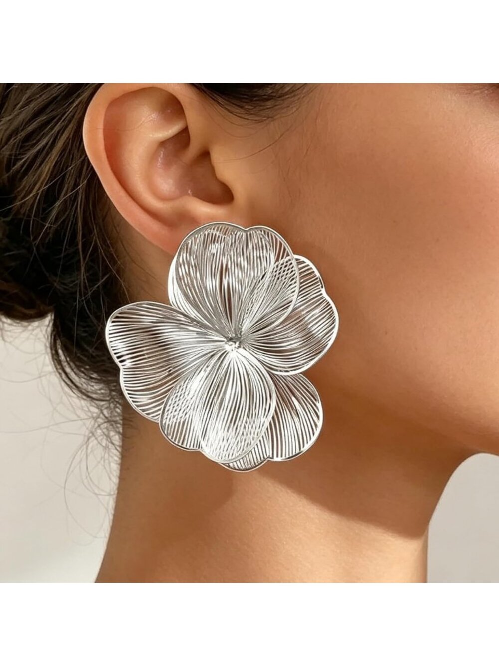 Women's Silver Flower Stud Filigree Statement Large Floral Petal Earrings - Picture 4 of 6